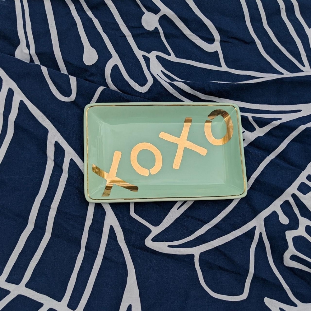 "XOXO" gold and aqua/mint/seafoam trinket tray/ring dish